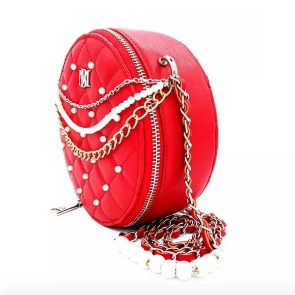 Badgley Mischka Quilted Small Round Pearl Shoulder Handbag Red - Picture 3 of 4